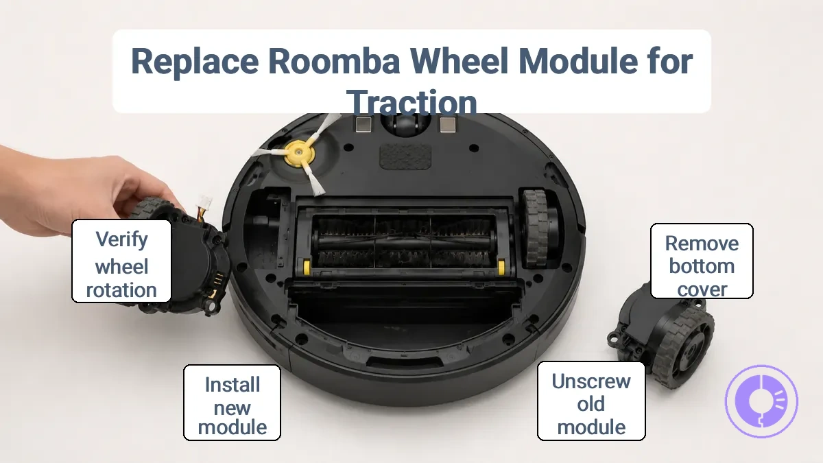 Underside of Roomba showing wheel module housing and access points