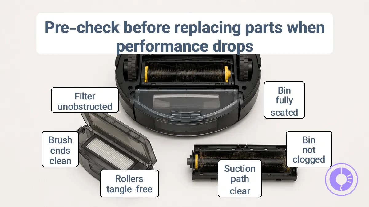 Annotated diagram showing a correctly seated bin, a visible clog point in the suction path, and a roller area with brush tangles, with simple labels for each check point.