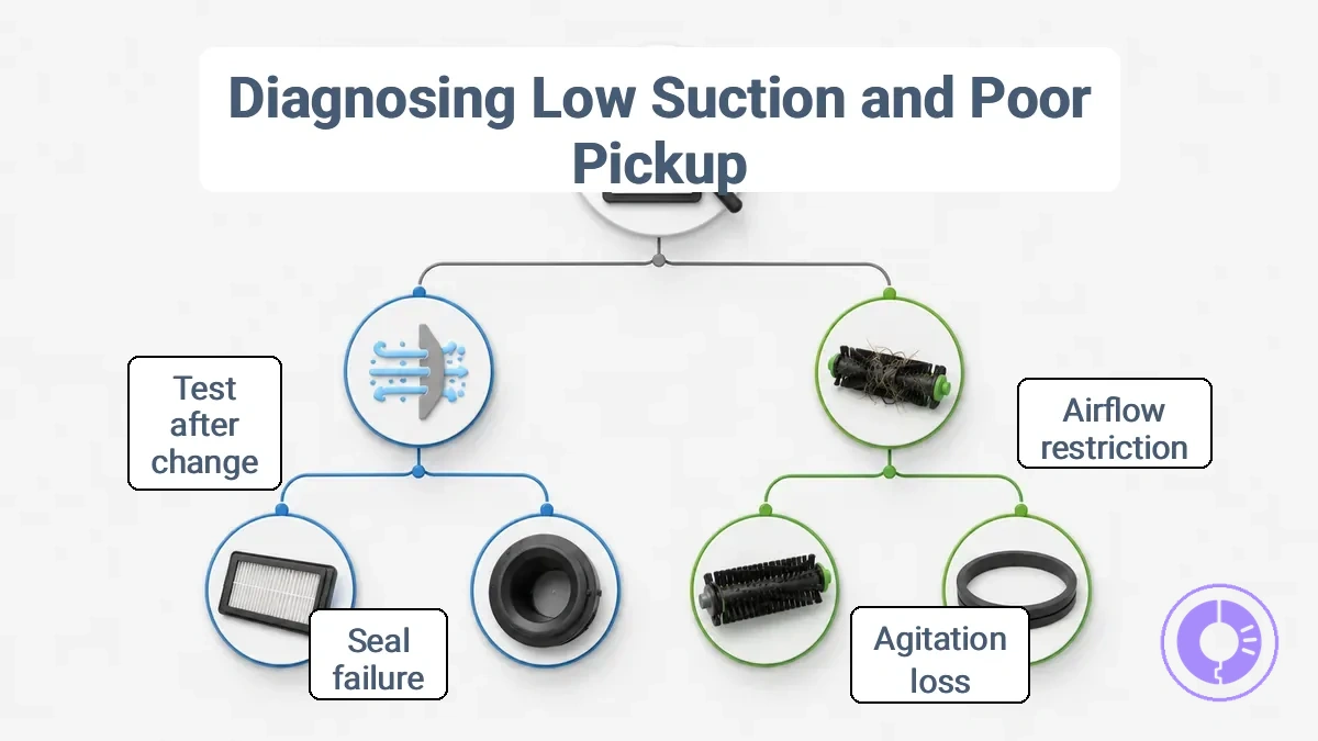 Diagnostic flowchart showing low suction and poor pickup symptoms branching to airflow or agitation attributes and leading to filter, roller, or seal part families with a check-first cue.