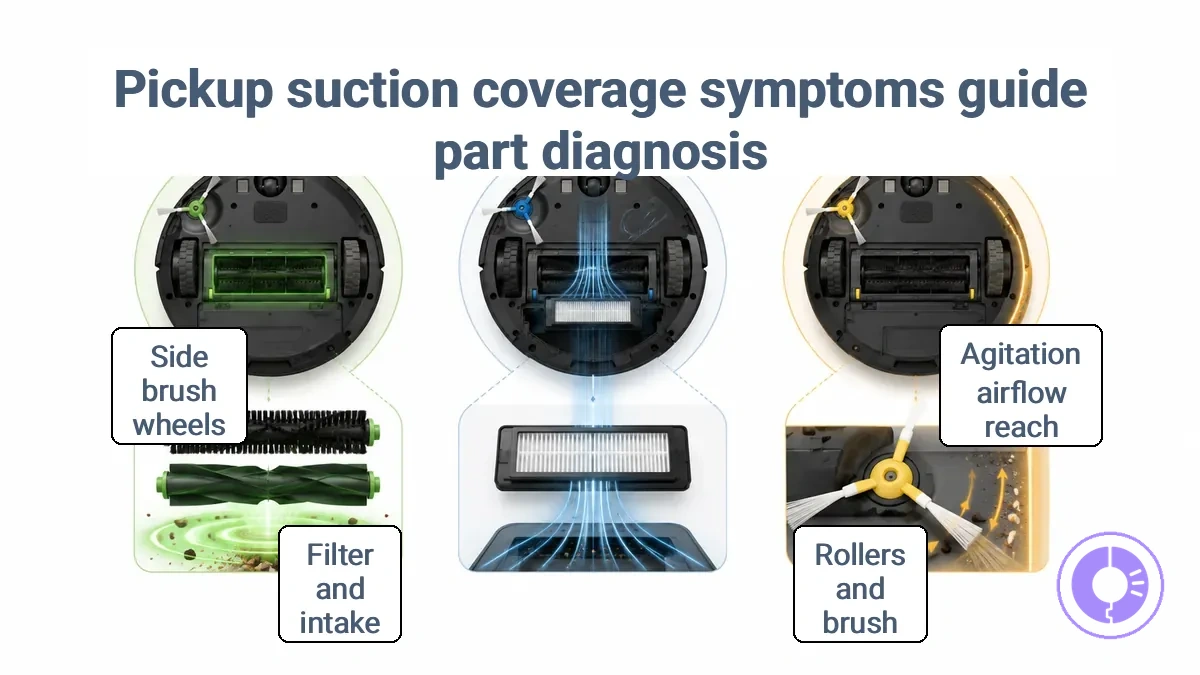 Diagram comparing pickup, suction, and coverage symptoms. Under pickup: rollers and agitation; under suction: filter and airflow; under coverage: side brush and reach.