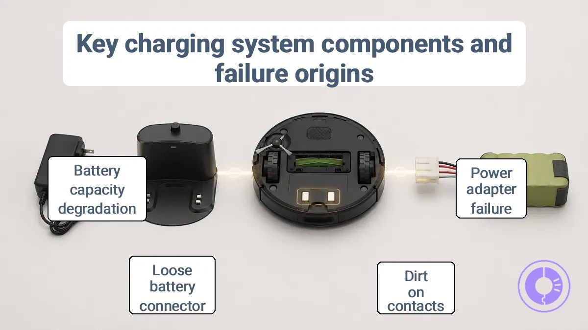 Annotated Roomba charging system components: dock, contacts, and battery connection.