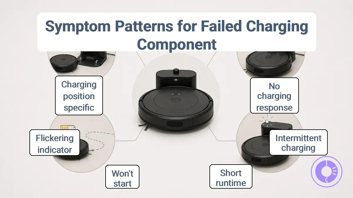 Diagram mapping Roomba charging symptoms to likely failed charging components.