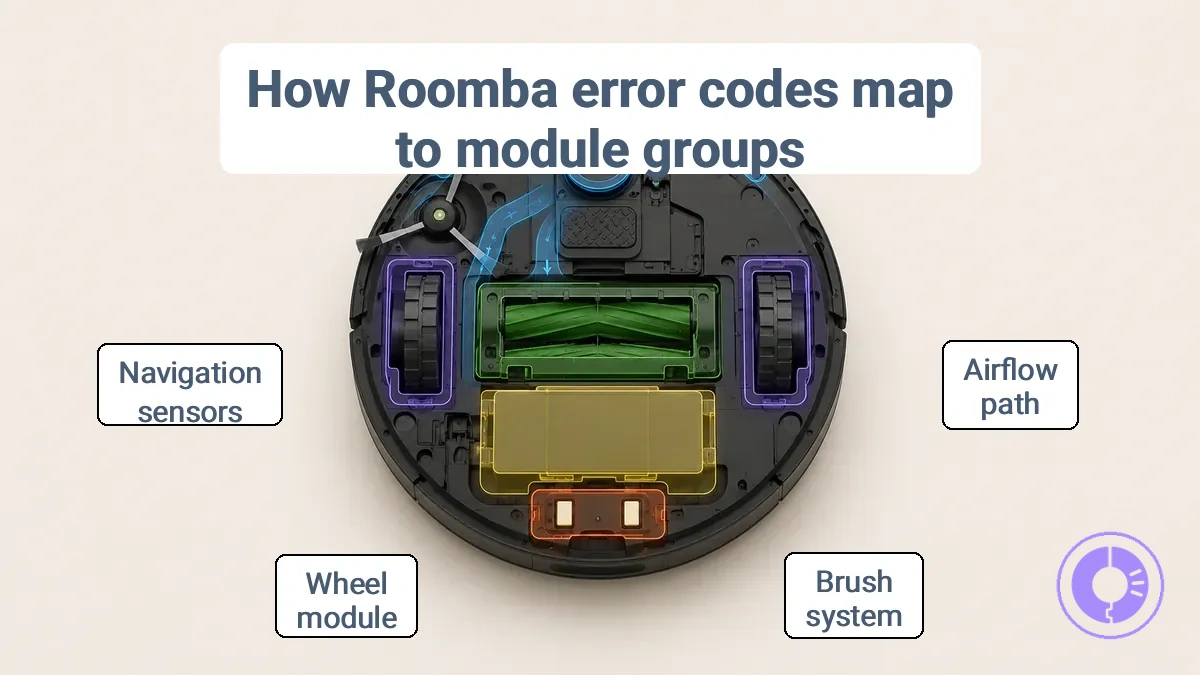 Annotated Roomba diagram labeling replaceable modules linked to common error signals.