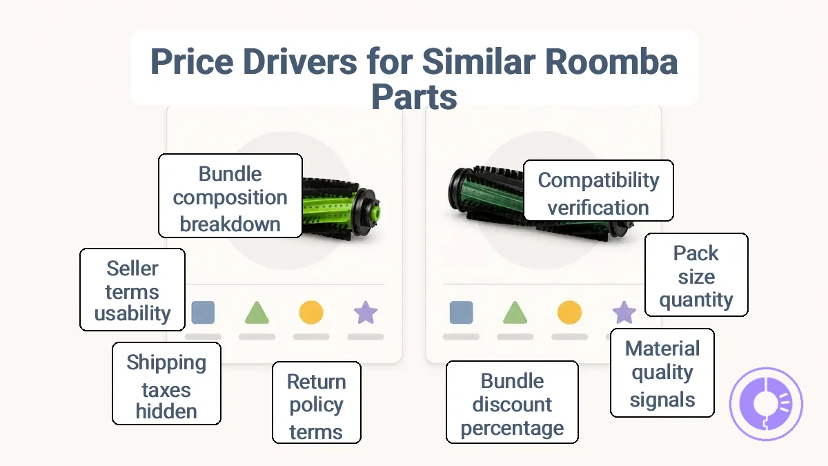 Annotated example showing key listing fields that drive Roomba parts cost-value comparisons.