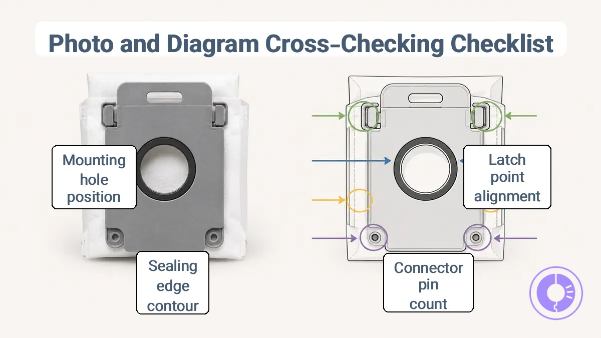 Side-by-side comparison of replacement part photo with diagram showing latch, connector, and seal edge checkpoints