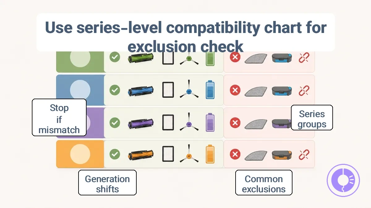 Series-level compatibility chart for Roomba replacement parts showing series groups and common exclusions