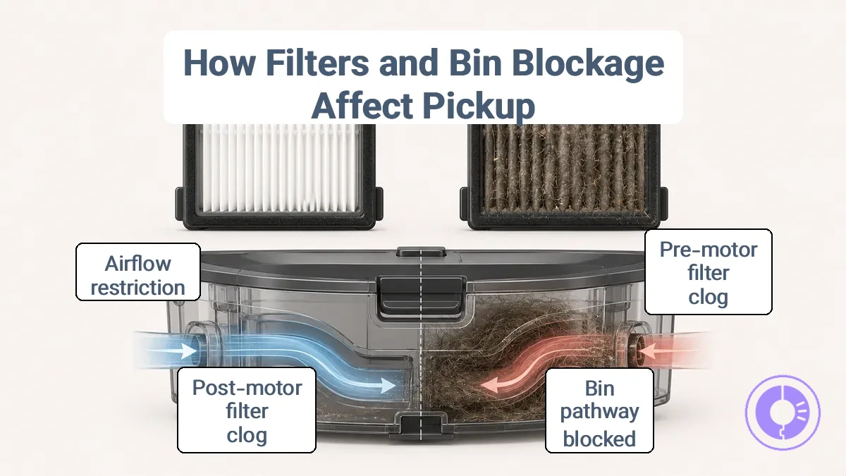 Clean versus clogged vacuum filter showing airflow restriction