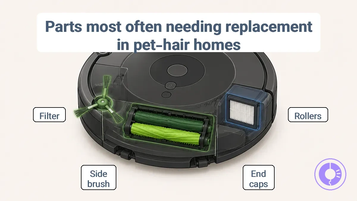 Annotated diagram showing Roomba rollers, side brush, and filter locations for pet-hair maintenance