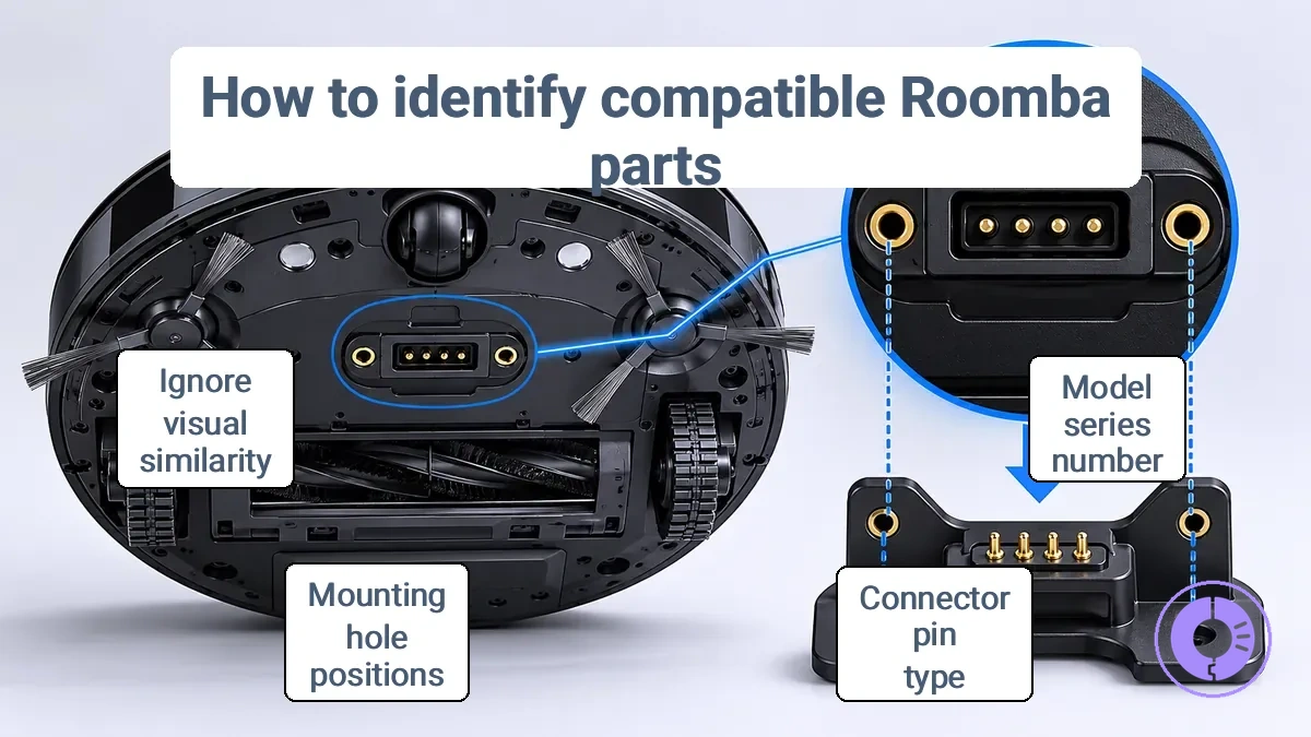 Roomba model/series label location and key fit points to compare for replacement part compatibility