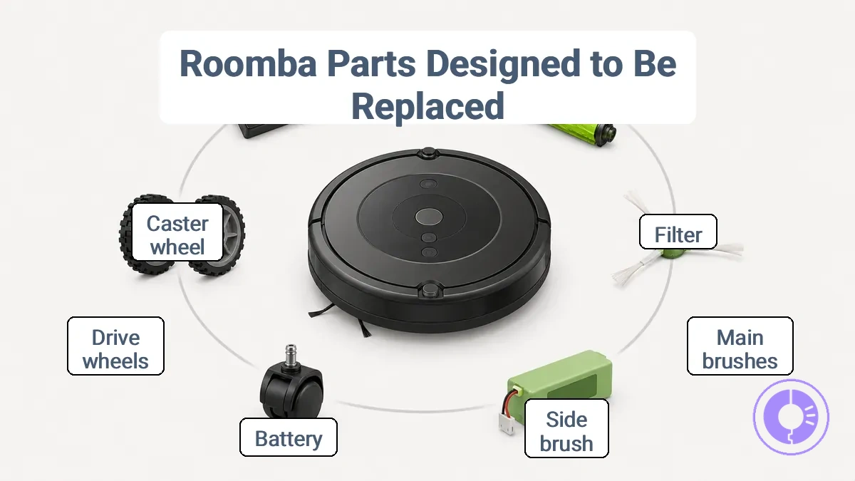 Diagram showing common Roomba replacement parts including filter, brushes, side brush, wheels, and battery with labels for each location