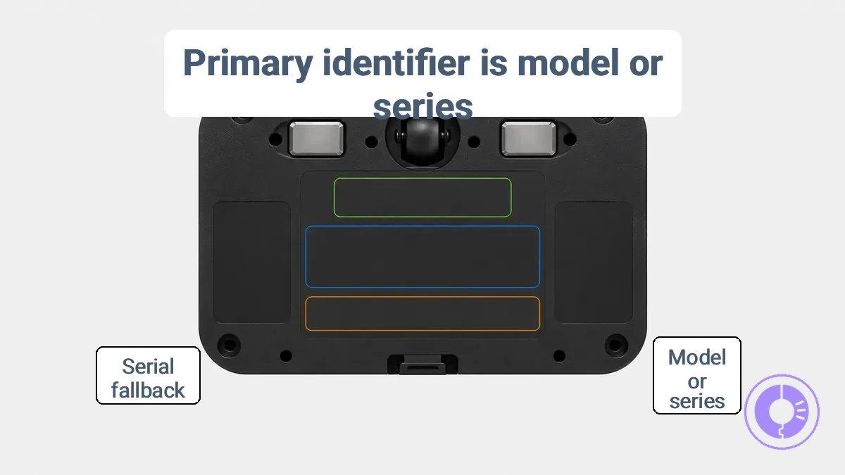 Model number, series, and serial number on a Roomba label