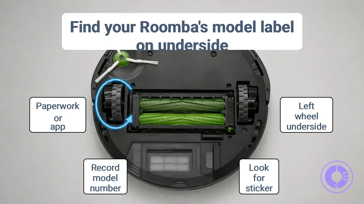 Underside of Roomba showing model label near the left wheel with a callout pointing to the sticker area.