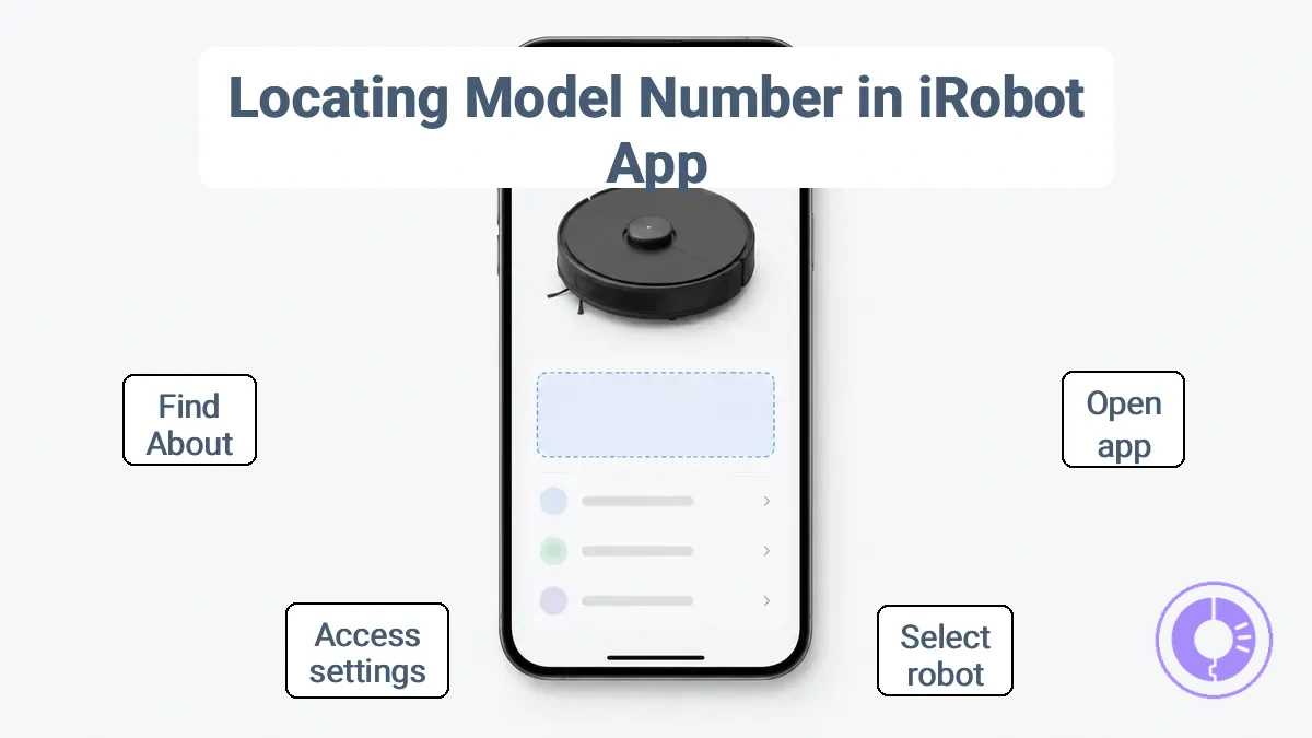 Annotated iRobot app device information screen showing model and series fields