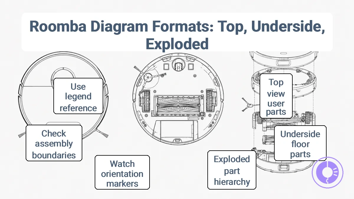 Comparison of Roomba top view, underside view, and exploded parts diagram formats.