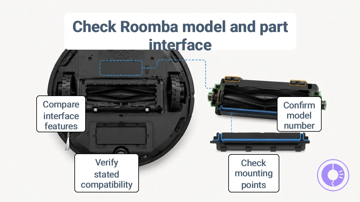 Roomba model label location and part interface features such as mounting points and connectors