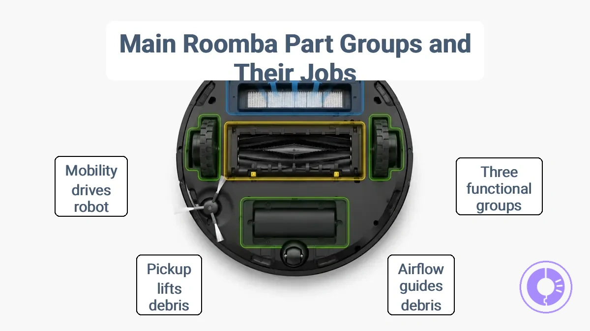 Roomba parts grouped by airflow pickup and mobility power