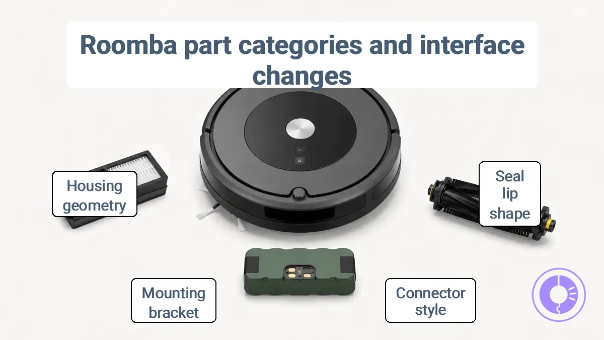 Roomba replacement part categories illustrating different filter, brush, and battery interfaces