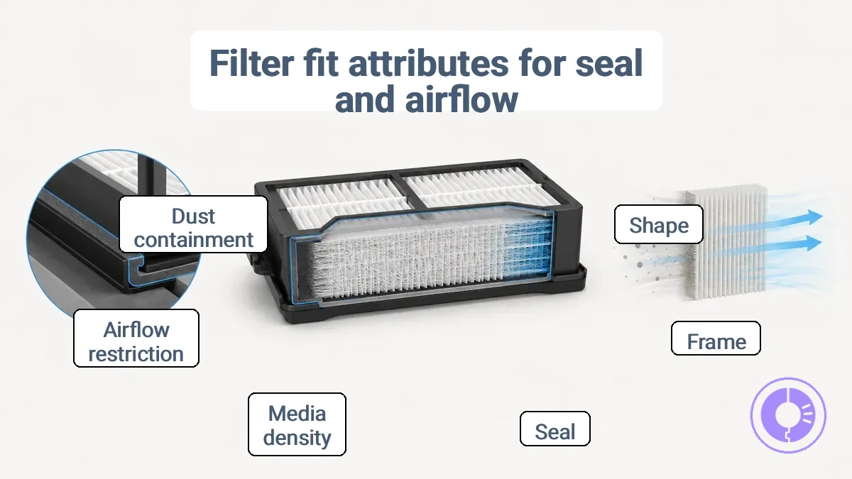 Roomba filter with frame and seal geometry