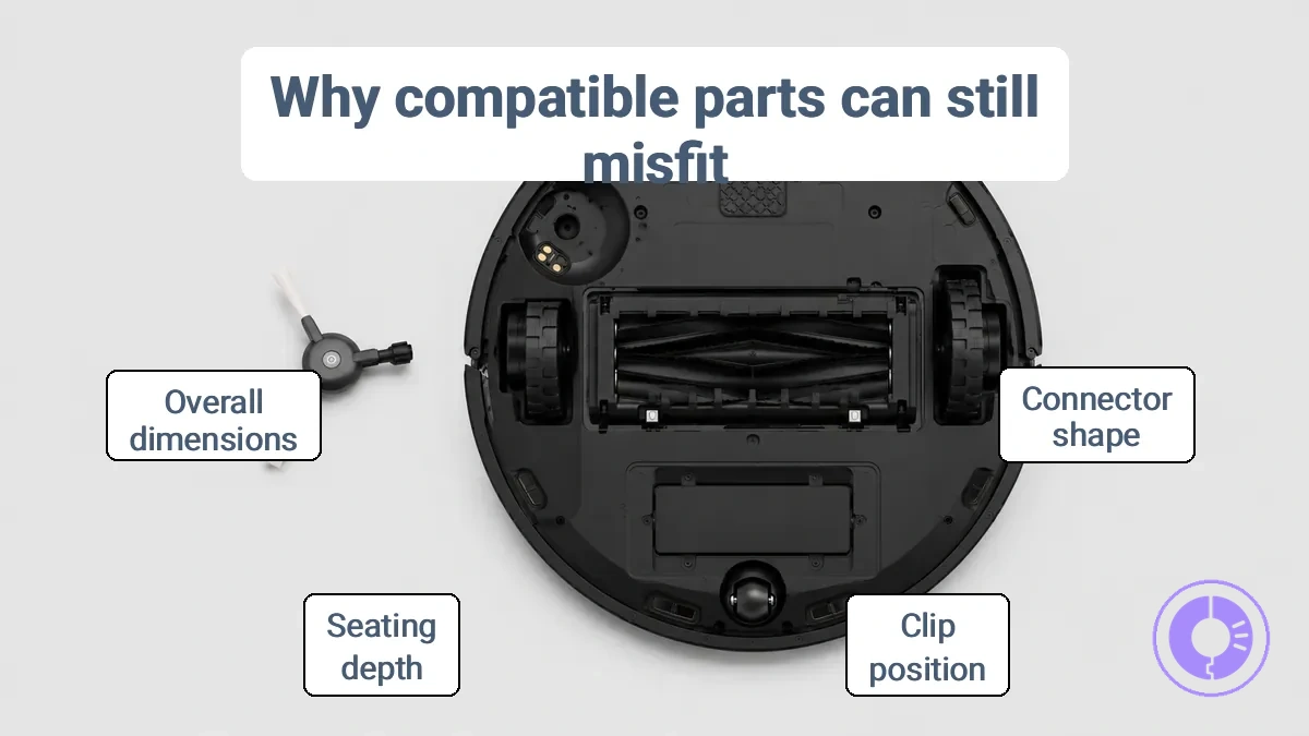 Roomba replacement part showing connector and clip alignment for fit verification