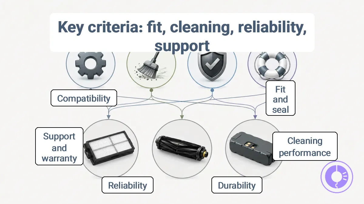 Diagram linking fit, cleaning performance, durability, reliability, and support to filter, brush/roller, and battery categories