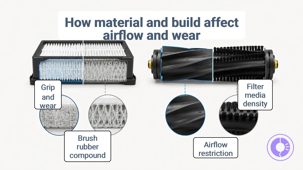 Illustration comparing filter media density and brush roller rubber compound differences that affect airflow and contact in a Roomba.