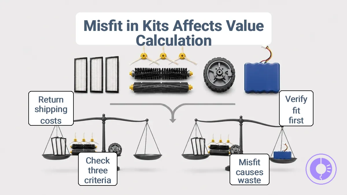 Diagram showing how Roomba parts kit compatibility risk can turn savings into waste when the part version does not fit the model.