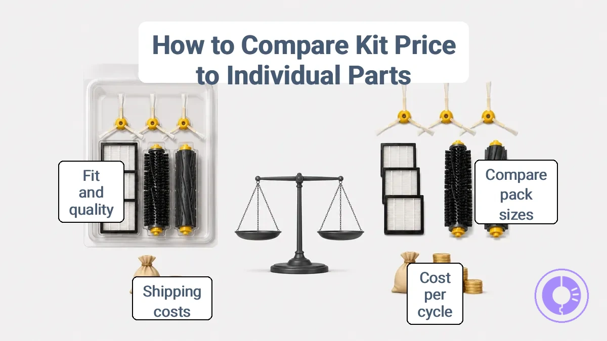 Diagram showing how to compare a Roomba parts kit price to single parts using pack size and cost per replacement cycle.