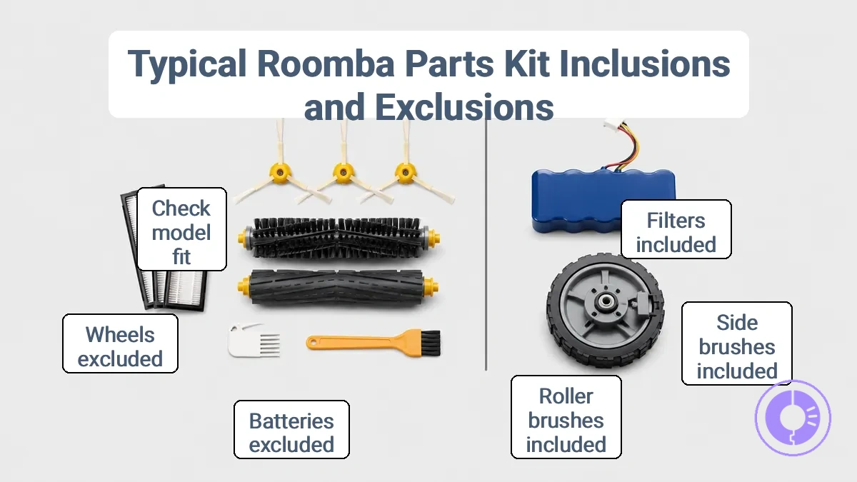 Annotated example of common Roomba replacement parts included in a typical kit and notes on items that may be excluded.