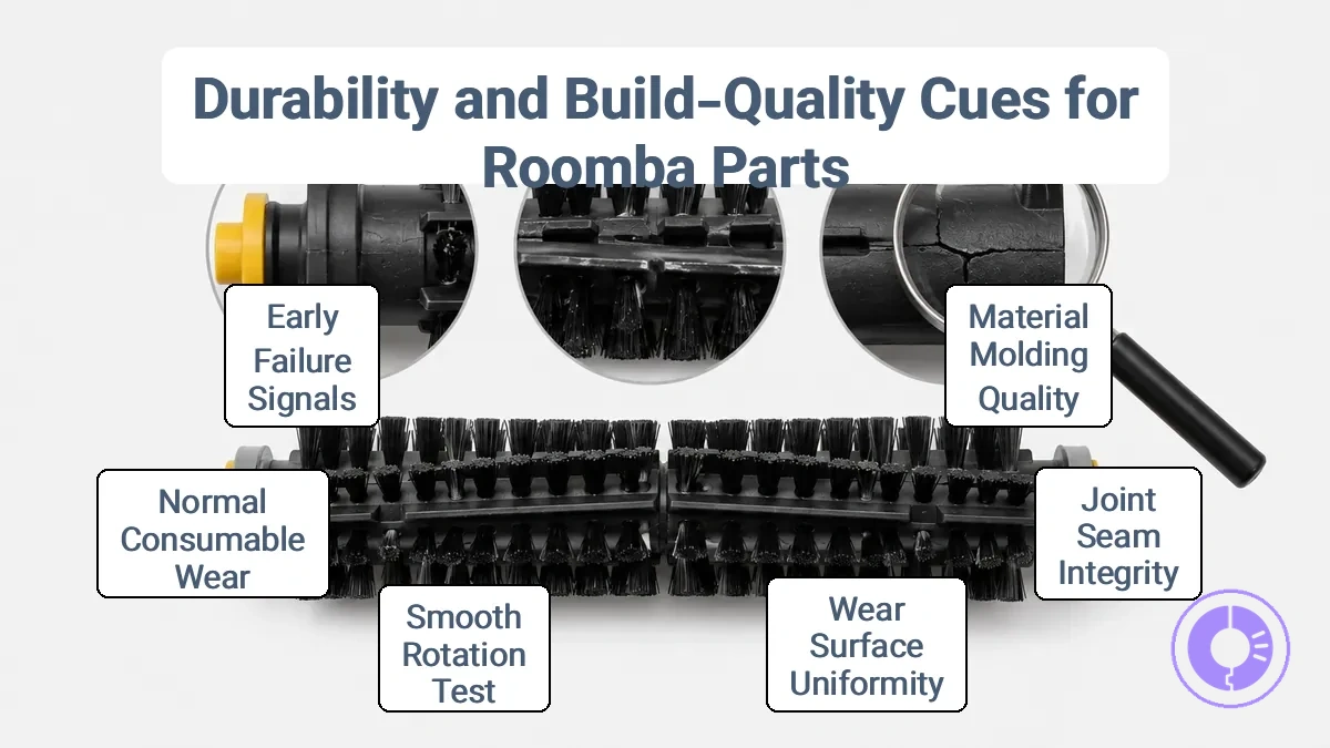 Annotated close-up showing molding consistency, seam integrity, and wear-surface cues for Roomba replacement part durability.
