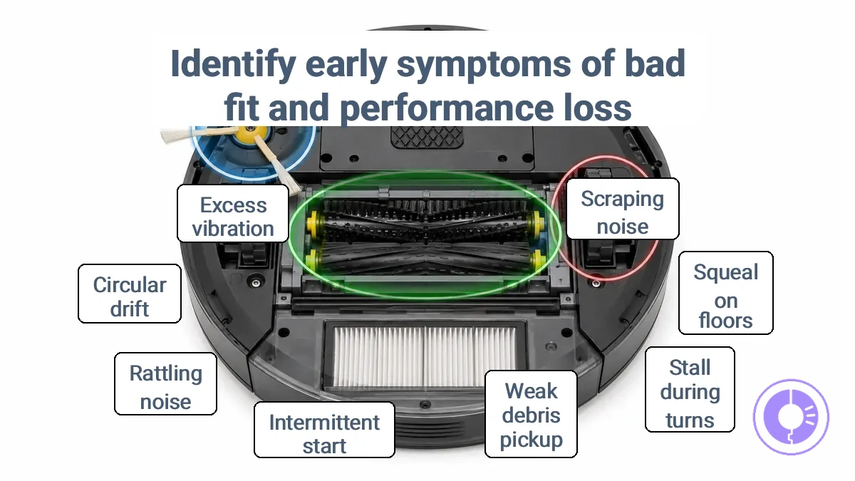 Annotated Roomba showing where early post-installation symptoms indicate fit or clearance problems.