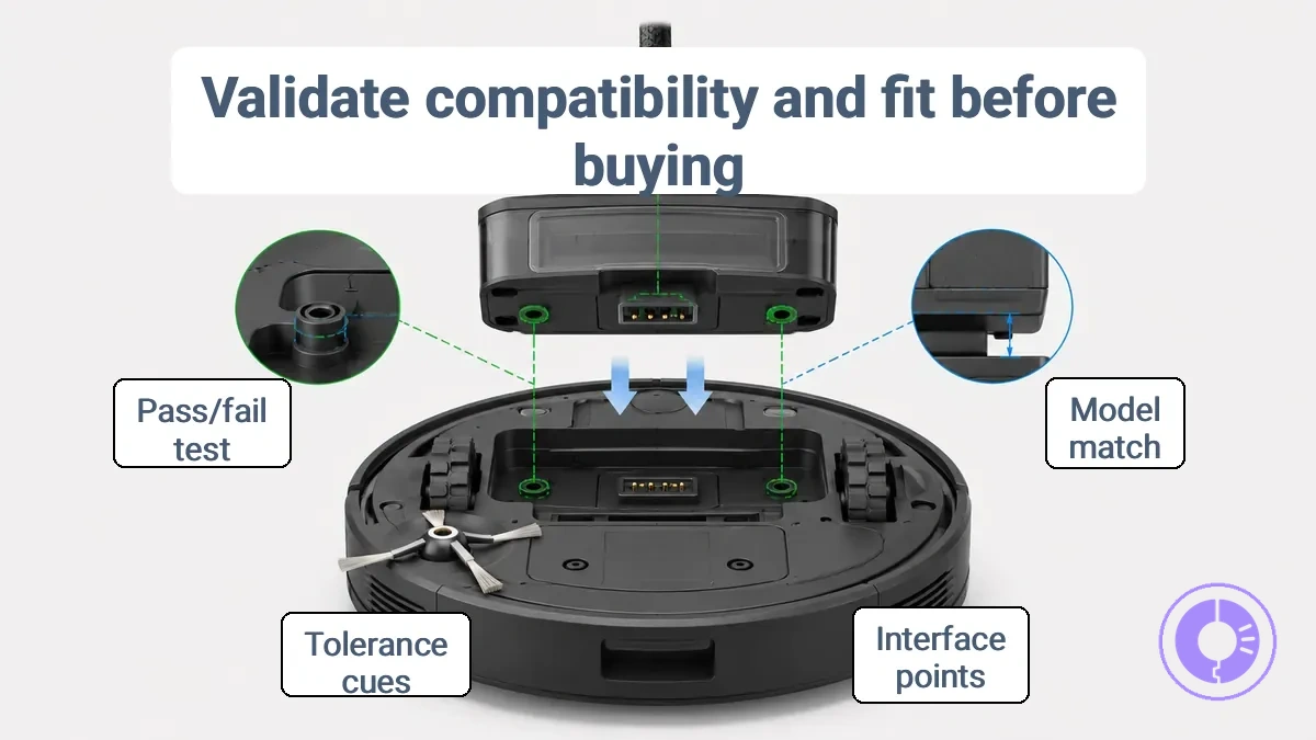 Annotated Roomba part interface showing connector alignment, mounting points, and clearance cues for fit validation.