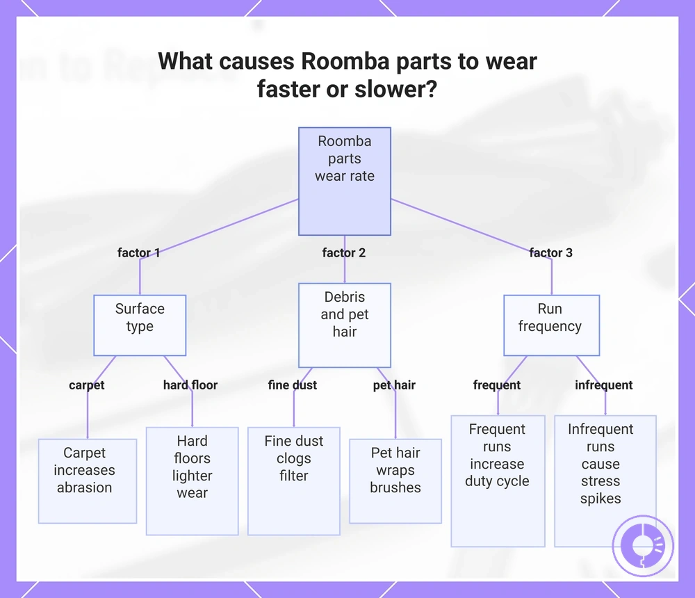 What causes Roomba parts to wear faster or slower?