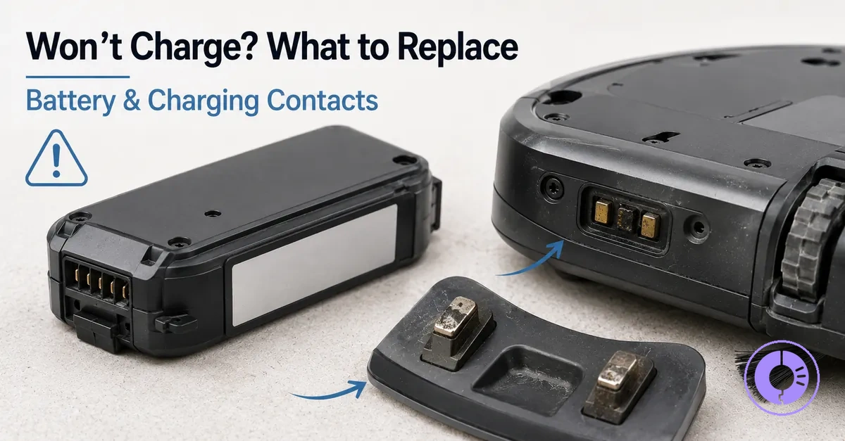 Roomba battery and charging contacts shown as replacement parts for charging problems