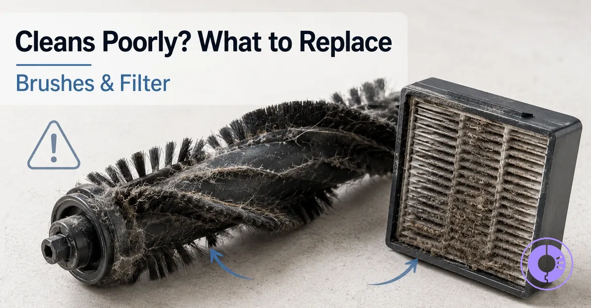 Worn Roomba brushes and filter shown as likely replacements when cleaning performance drops
