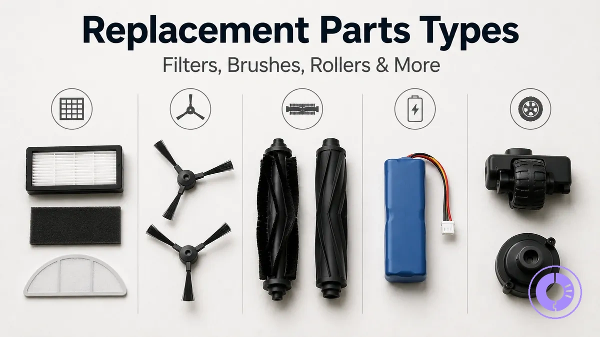 Different types of Roomba replacement parts laid out to show category differences
