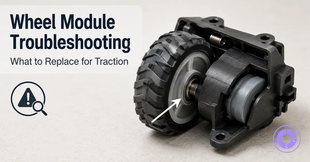 Roomba wheel module shown as a replacement part for traction and mobility issues