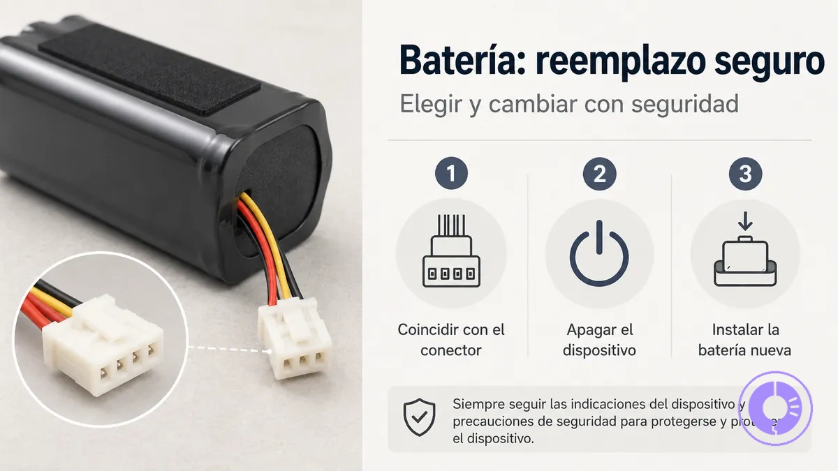 Batería de repuesto de Roomba mostrando detalles del conector para instalación segura