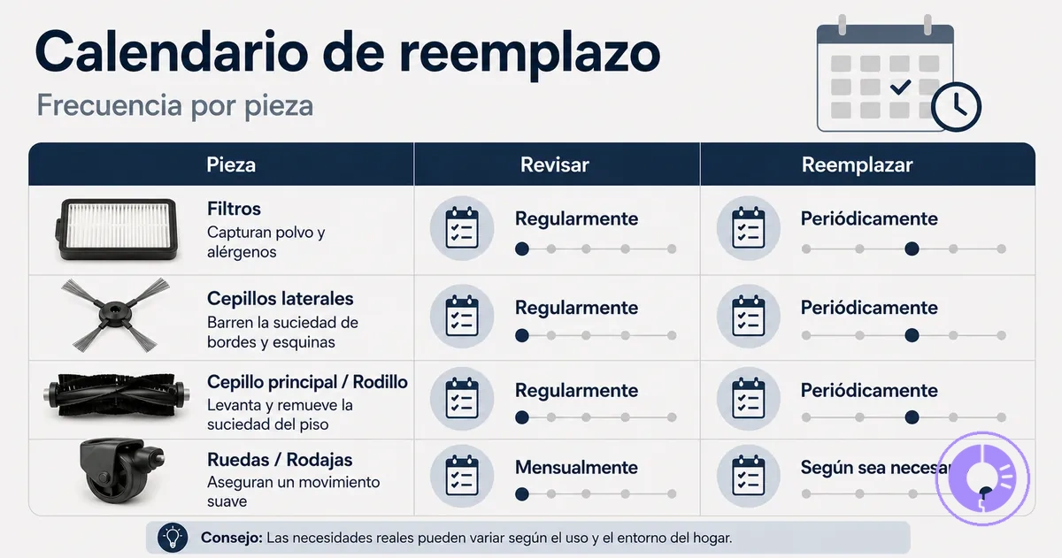 Tabla de reemplazo de piezas comunes de Roomba como filtros y cepillos