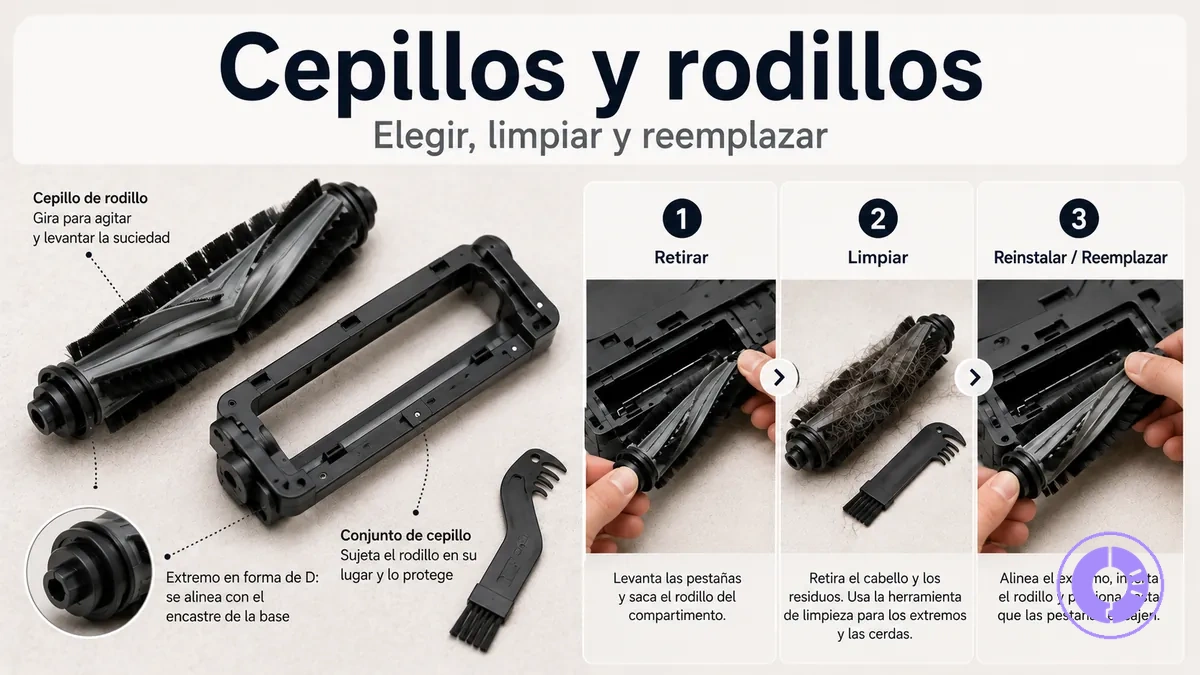 Cepillo y rodillo de Roomba con pasos de limpieza y reemplazo ilustrados