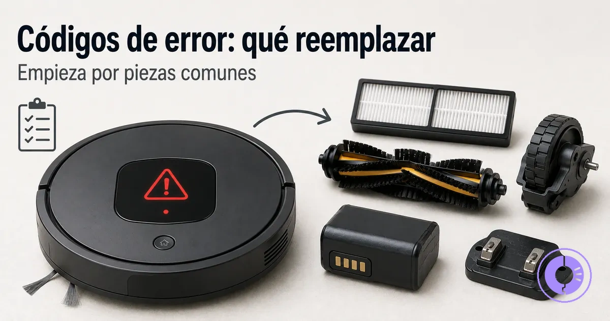 Pantalla de error de Roomba con piezas de repuesto para resolver códigos