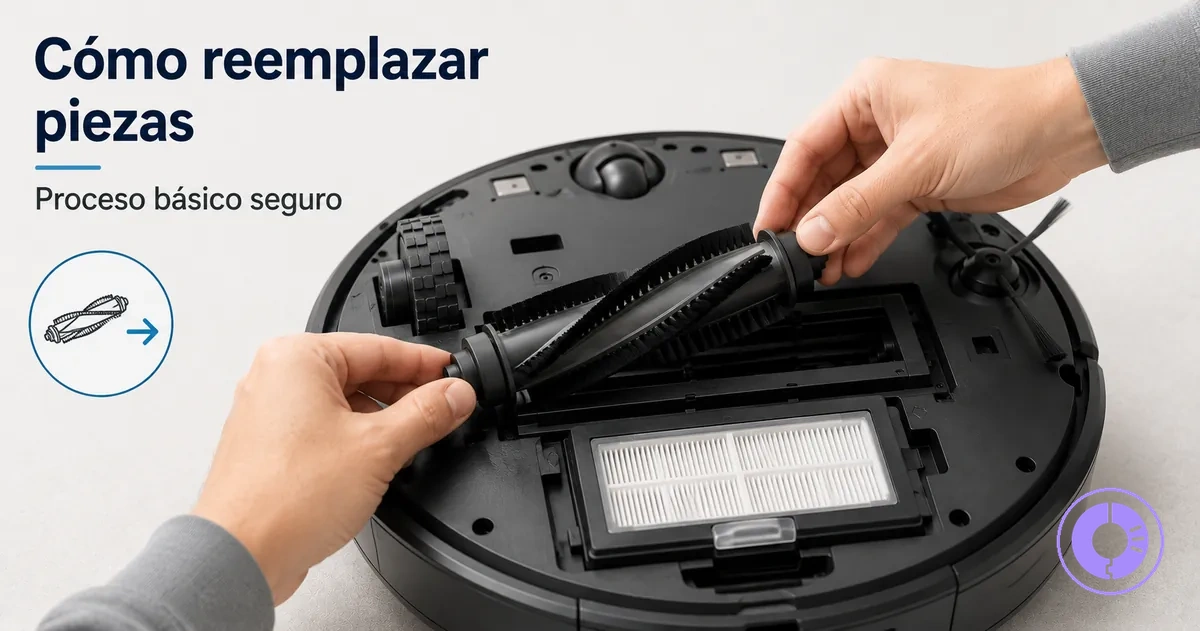 Manos reemplazando piezas de Roomba durante mantenimiento básico