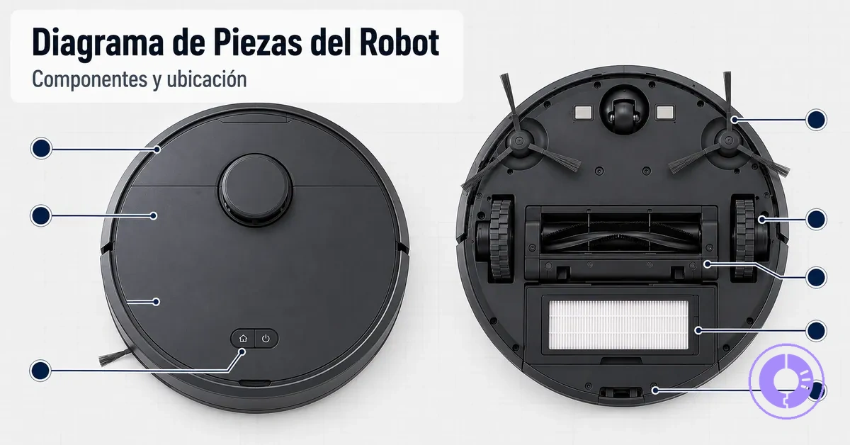 Diagrama de piezas de repuesto de Roomba con componentes y ubicación resaltados