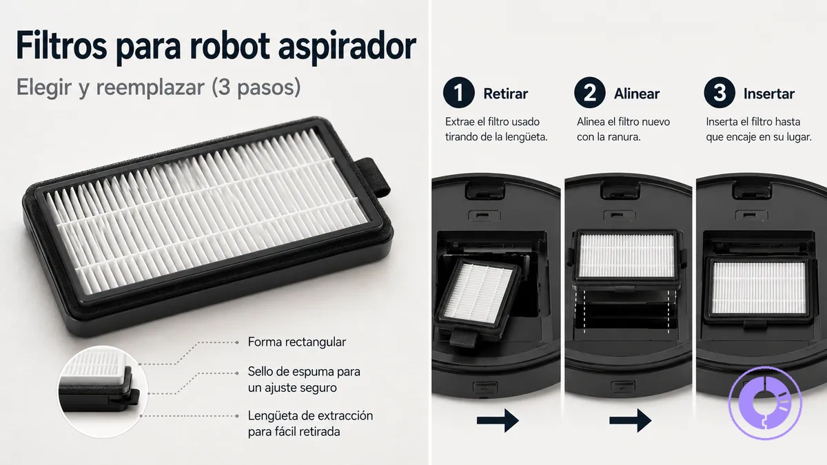 Filtro de repuesto de Roomba con pasos de extracción e instalación ilustrados