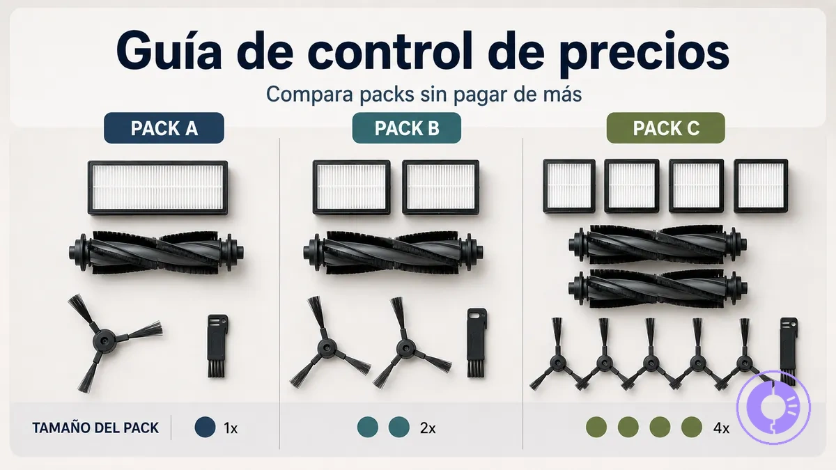 Comparativa de packs de piezas de Roomba mostrando tamaño y contenido