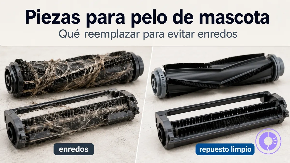 Cepillo y rodillo de Roomba con pelo de mascota para mostrar enredos