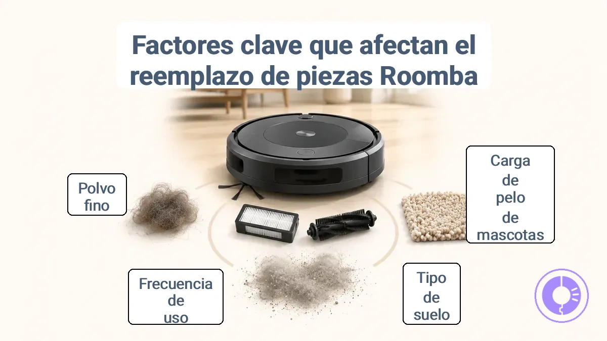 Comparación de condiciones del hogar que cambian la frecuencia con la que las piezas de Roomba necesitan reemplazo (mascotas, suelos, frecuencia de funcionamiento).