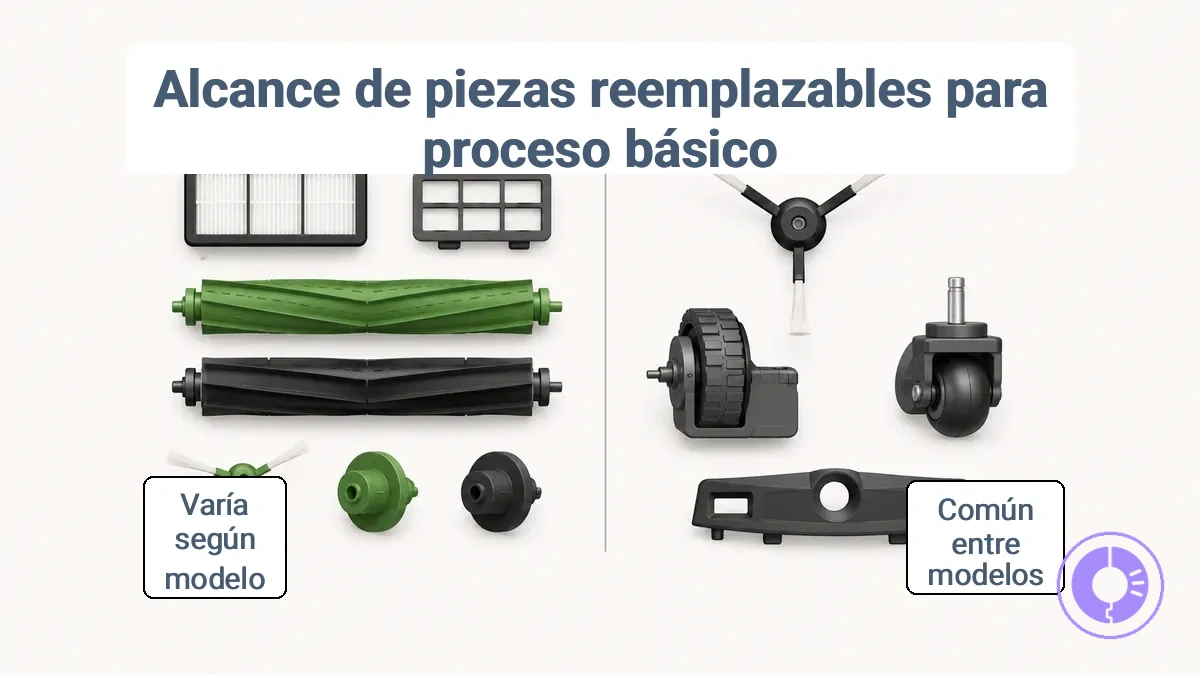 Piezas comunes de Roomba que el usuario puede cambiar, con variaciones de acceso según el modelo