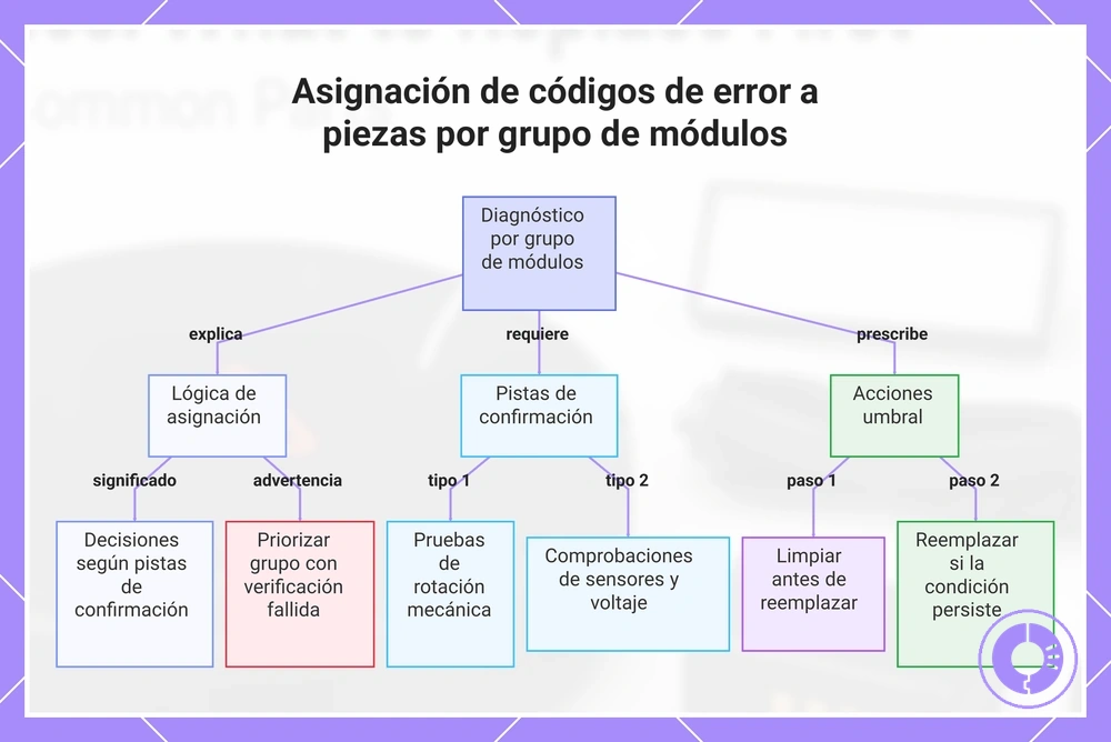 Asignación de códigos de error a piezas por grupo de módulos