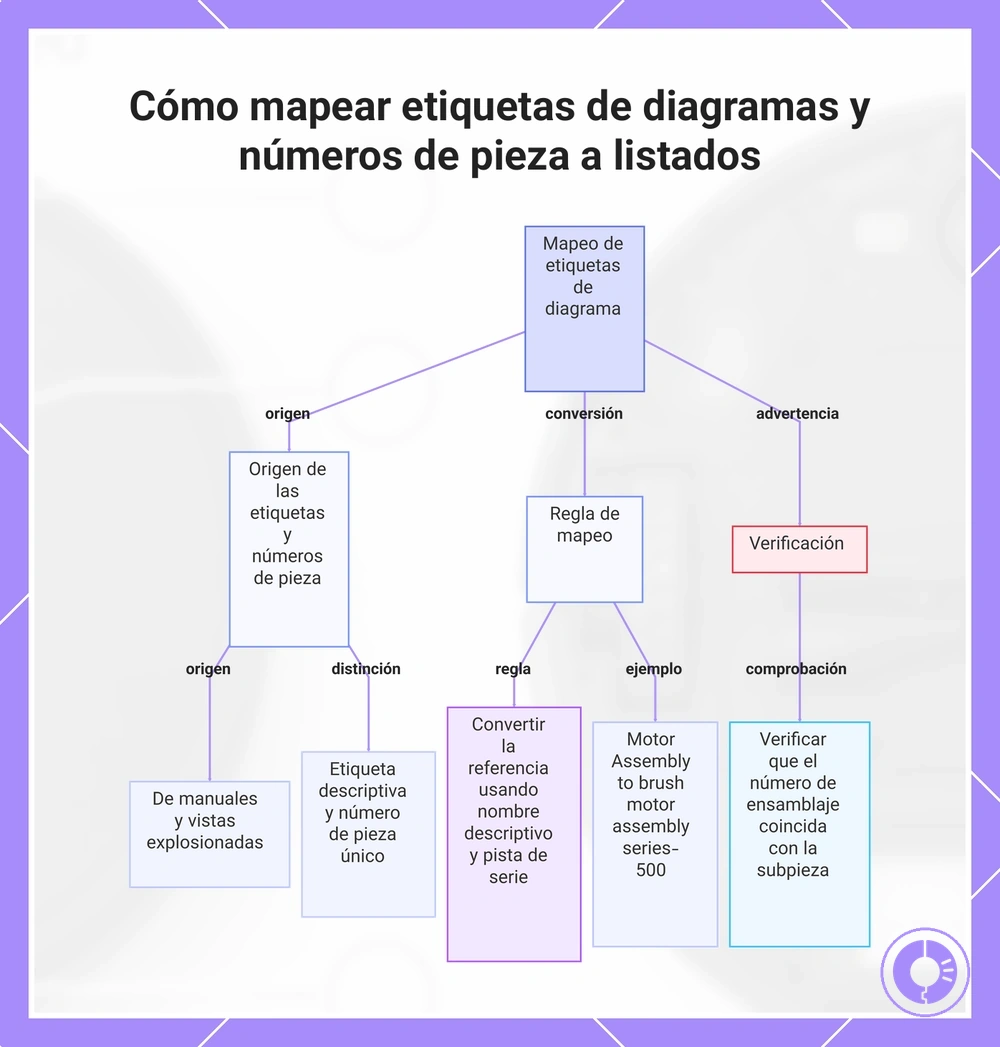 Cómo mapear etiquetas de diagramas y números de pieza a listados