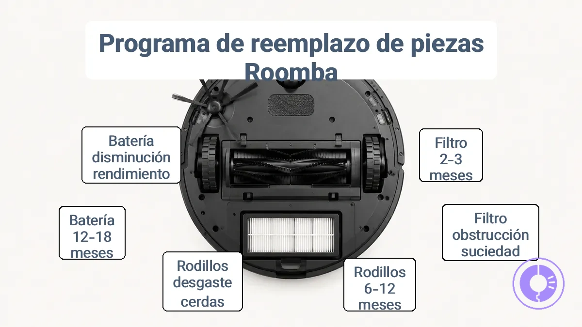 Piezas de Roomba etiquetadas mencionadas en un calendario de reemplazo (filtro, rodillos, cepillo lateral, ruedas/rueda loca).